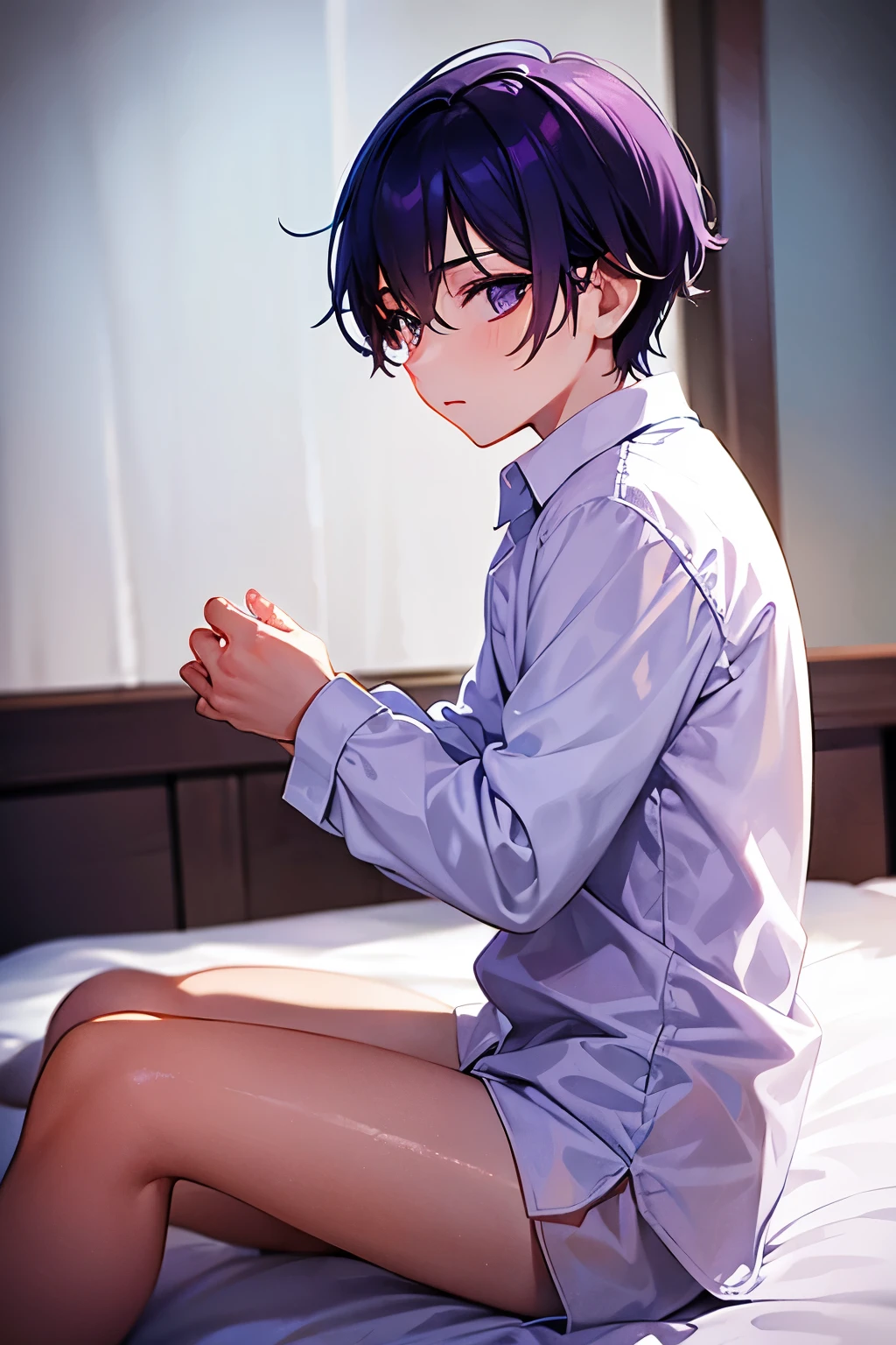 boy,purple underwear,white long sleeve shirt,bedroom,sitting,from the side,