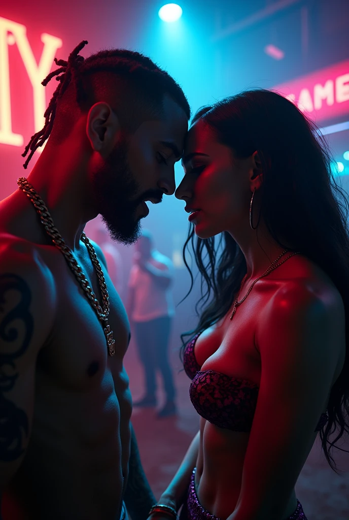 "Create a realistic YouTube music video thumbnail for the song 'HO*Es Ain't Loyal' by KAIF MUSIC // NOVANEXUS. The scene features two seductive rappers engaged in a dynamic rap battle. Their faces are deliberately hidden in shadows or obscured by creative elements to build suspense. The background should evoke a high-energy, urban atmosphere, with vibrant colors and intense lighting to capture the essence of a fierce and captivating battle."