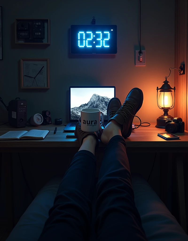 CREATE A ANIME STYLE IMAGE. Cozy, dimly-lit workspace setup. The layout features a wooden desk against a dark wall, with a laptop displaying a black and white image of a person. Above the laptop, a digital clock shows the time '02:32' in bright blue digits. A vintage-style lantern lamp emits a warm glow on the right side of the desk. A person with light skin is sitting with their legs up on the desk, wearing dark pants and brown sneakers. They are holding a white mug with black text that reads 'AURA INSIGHT.' The desk also has a closed notebook, a smartphone, and a camera. The overall ambiance is relaxed and slightly cluttered, with a focus on comfort and functionality.
