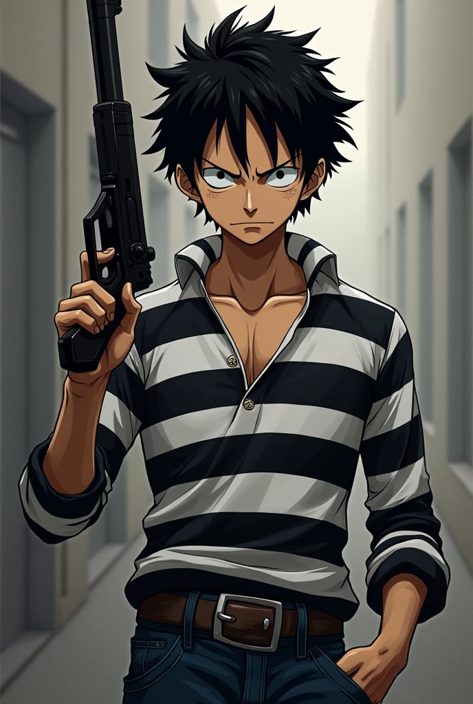 Monkey D. Luffy in a black and white striped long sleeve prison uniform with a gun