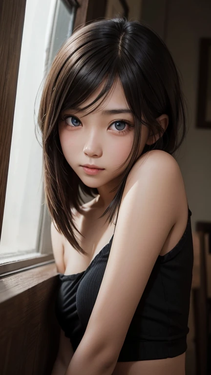 a girl who has short, beautiful shoulder-length hair and eyes that have the impression of a sharp gaze and has a cheeky and indifferent facial gesture