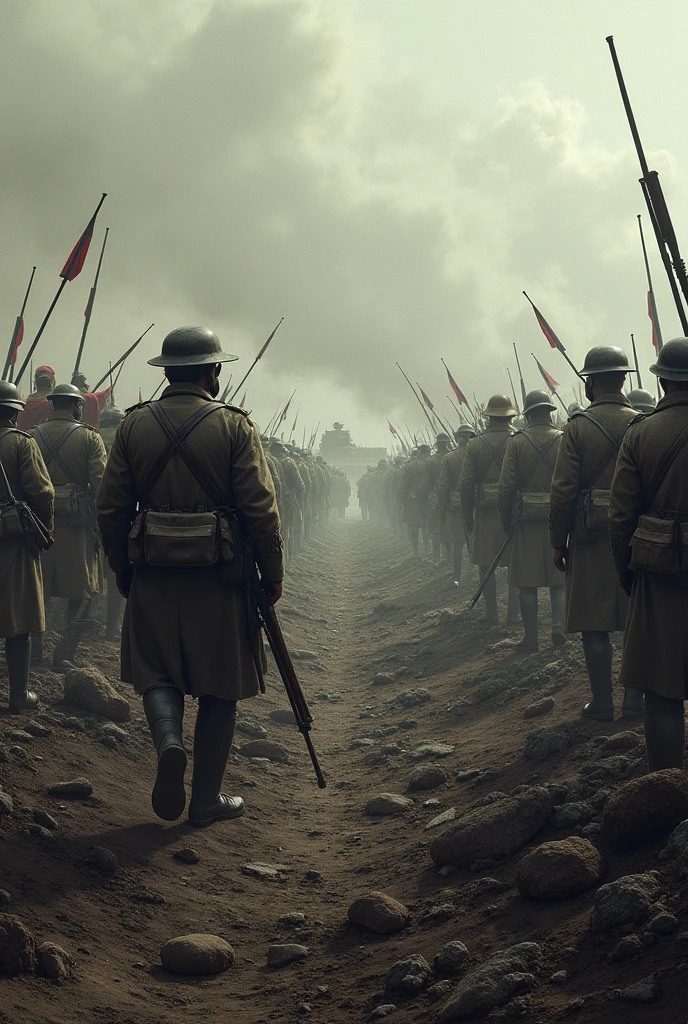 Hello, Please create a picture of World War I. That shows both sides in the image, with their soldiers and respective flags, ON A BATTLEFIELD, with weapons, chemical weapons, Tanks, etc. And be realistic.