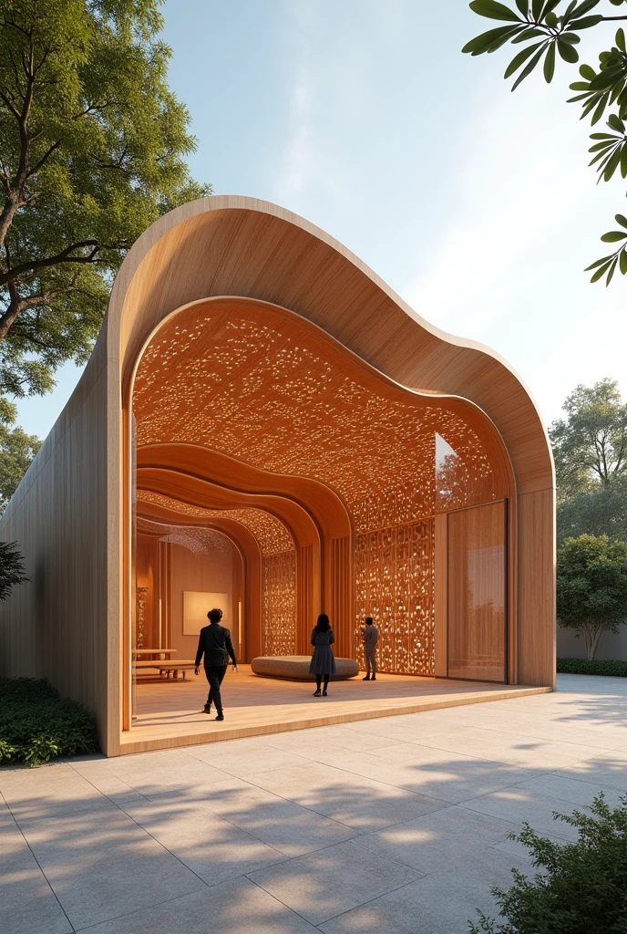 An architectural pavilion with some curves and straight elements , which will be used for exhibitions, where the cempasuchil flower is used as a reference