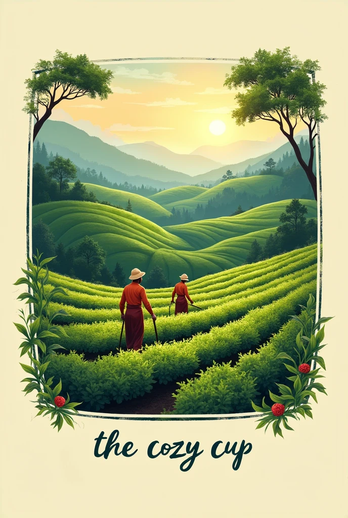 In a square page draw assam's tea and some planters and also write "The Cozy Cup". More beautiful