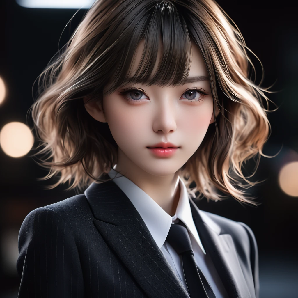 Meticulous, analog style, focus on the eyes, highest quality, (highly detailed skin), very beutiful pale-skinned Japanese girl photo, 2, (wearing a suit), perfect face, skin pores, (penetration: 0, 5), black background, (bokeh:0.6), photographed with Sony A7R IV camera, 18mm F/1.7 cine lens, 8k, HDR, front view, (upper body: 0.9)