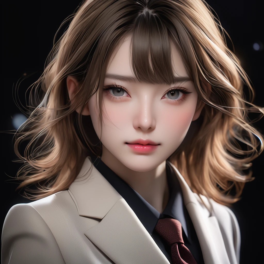 Meticulous, analog style, focus on the eyes, highest quality, (highly detailed skin), very beutiful pale-skinned Japanese girl photo, 2, (wearing a suit), perfect face, skin pores, (penetration: 0, 5), black background, (bokeh:0.6), photographed with Sony A7R IV camera, 18mm F/1.7 cine lens, 8k, HDR, front view, (upper body: 0.9)