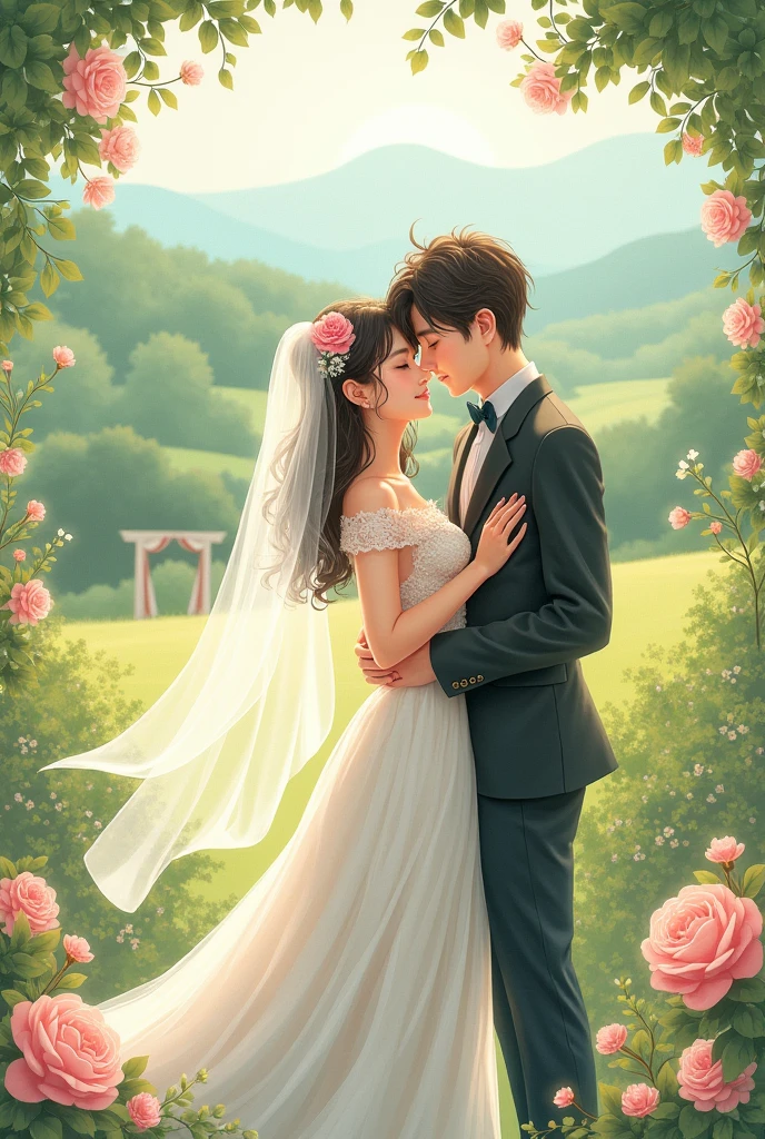 The bride and groom in front of the pink flower wall, in the pink forest,