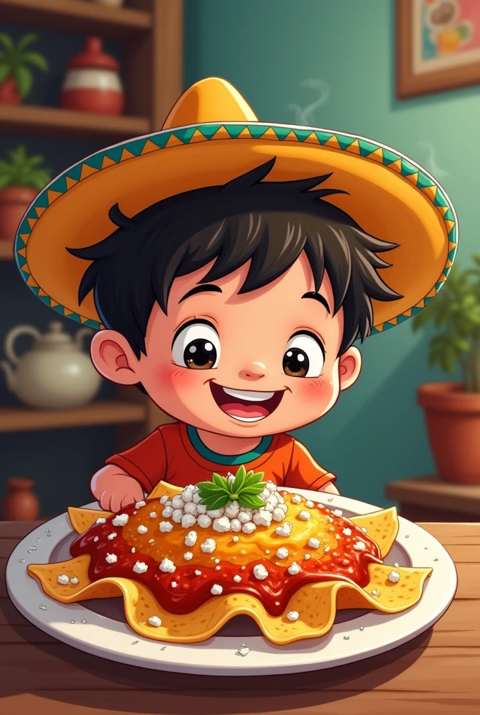 Cartoon of a boy wearing a hat and eating chilaquiles 