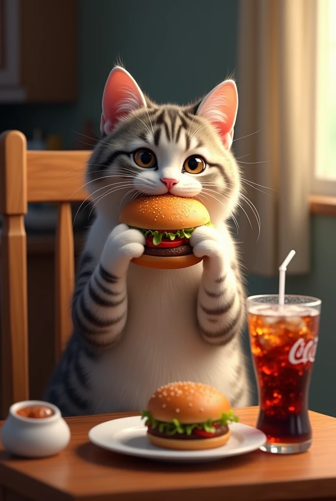 Cat sitting on a chair eating hamburger with a glass of coca cola