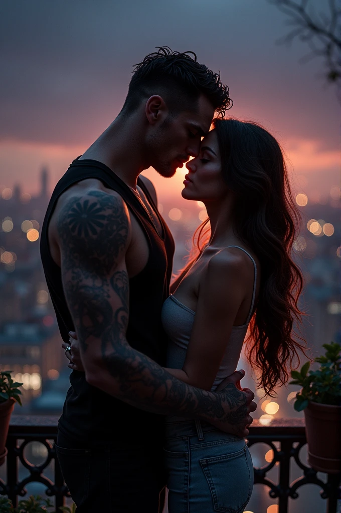 Can you generate a romantic scene ween Ben Barnes who looks a bit dangerous, with tattoos and cigarette along with a young woman with middle length brunette straight hair, hazel eyes and curvy body. They are standing in the balcony, she is propping on his chest. The background is city lights of London.