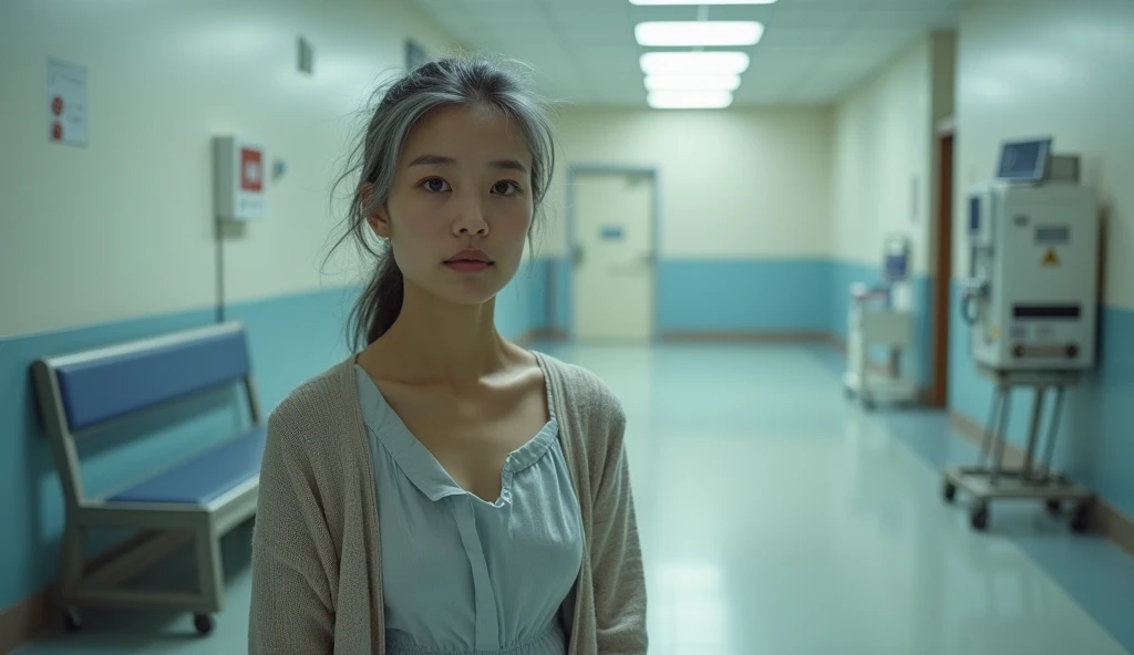 Create a dramatic scene in a well-lit hospital. En el centro de la imagen, place a lady of approximately 50 years old. His hair is gray and thin, a little messy, and your face is youthful, without wrinkle, but still reflects age with a sense of experience. She is dressed in humble clothes, but in good condition: a simple dress and a cardigan, both clean and well maintained.

The lady must have a neutral look, without expressing concern or emotion, but with an aura of introspection.

The hospital environment must be well lit, with white walls and a tiled floor. Include some medical equipment and a waiting bench in the background., that must seem little used. The image must capture the fragility and humanity of the moment with a neutral gaze that reflects serenity in the face of the situation..