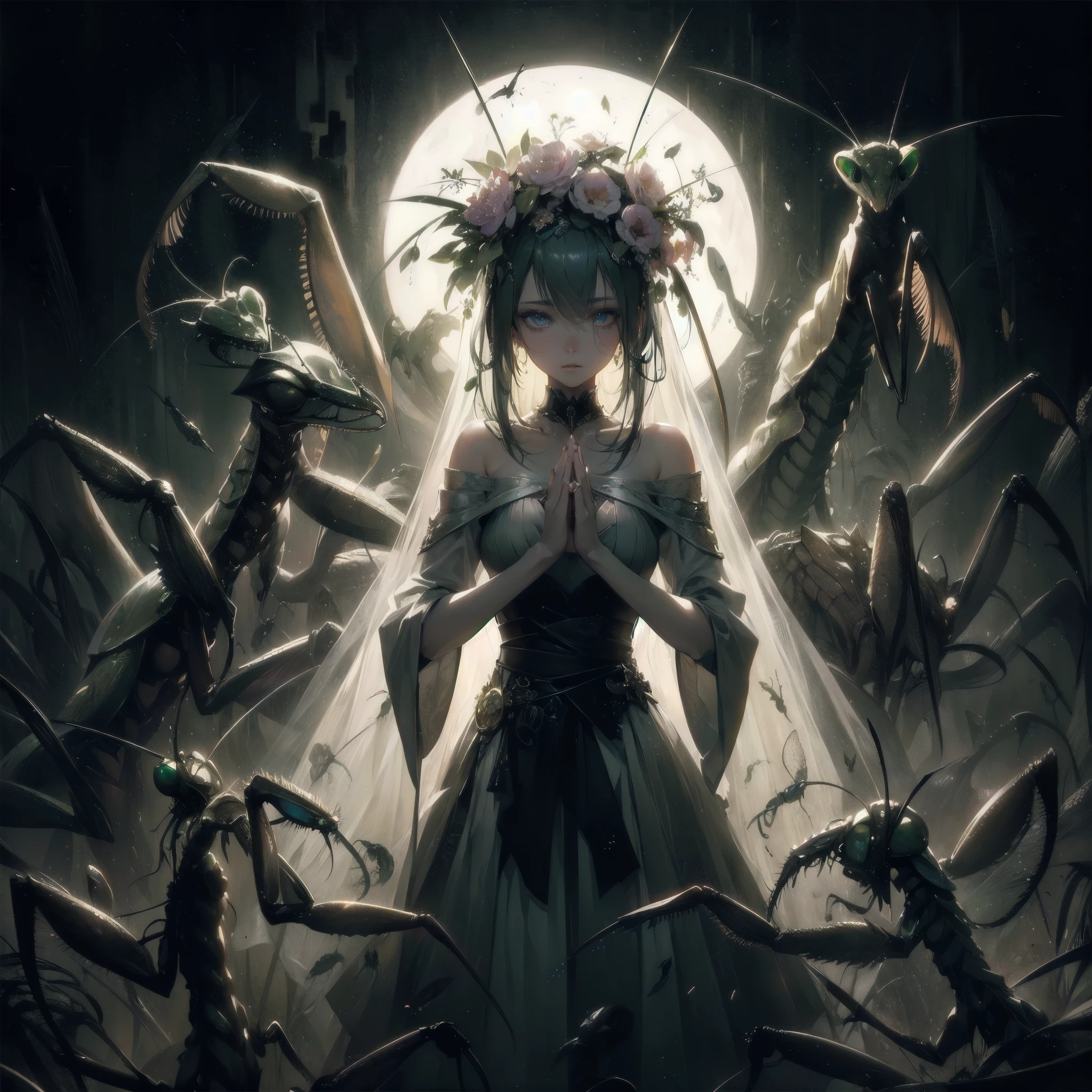 masterpiece, (textured skin), best quality, gorgeous beautiful, (a beautiful girl,praying mantis,),scarry、,detailed clothes,large breasts,narrow waist,, (beautiful face), cinematic lighting, (fantasy anime art ),