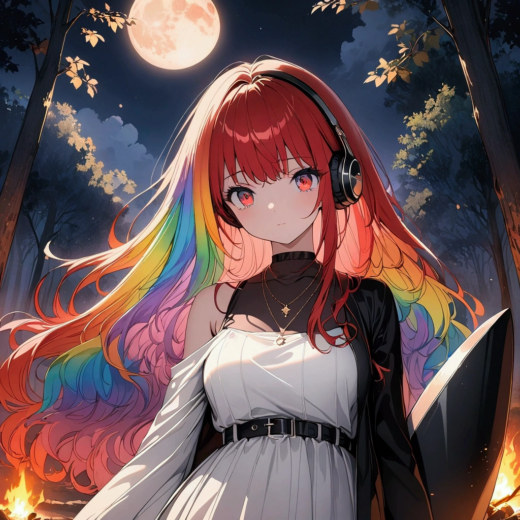 (((anime))) A woman holding a sword and shield,Brave,Long Hair,(Rainbow Hair),Bangs parted in the center,Black headphones,necklace ((Red eyes)),Big Eyes,Tear Drop Shoulder Dress,Volume sleeve,in the forest,Bonfire,night,full moon,star,Backlight,masterpiece,Highest quality,Exquisite,8k,Absurd,Ultra-fine illustrations,(View your audience)