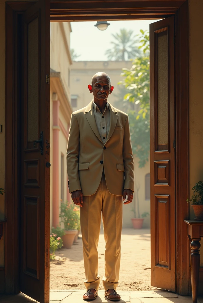 /imagine prompt: 2d, personality: [Show Gandhi at the age of 18, dressed in Western attire, preparing to leave India for London. His expression is a mix of excitement and apprehension as he stands at the threshold of his home, symbolizing the mix of cultures and experiences that lie ahead]unreal engine, hyper real --q 2 --v 5.2 --ar 16:9