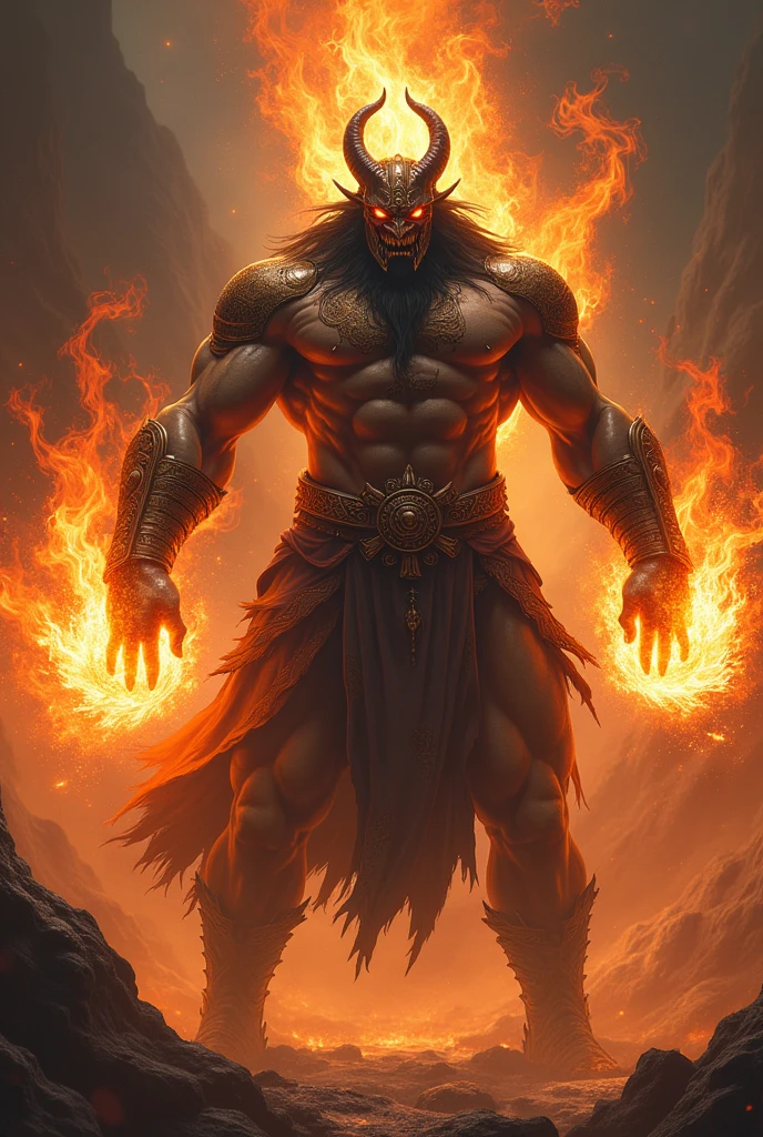 Greek mythology god, have Oni mask face, have a very big muscular body, and have 4 arms on his body, each arms have a fire spell power on his hands. 