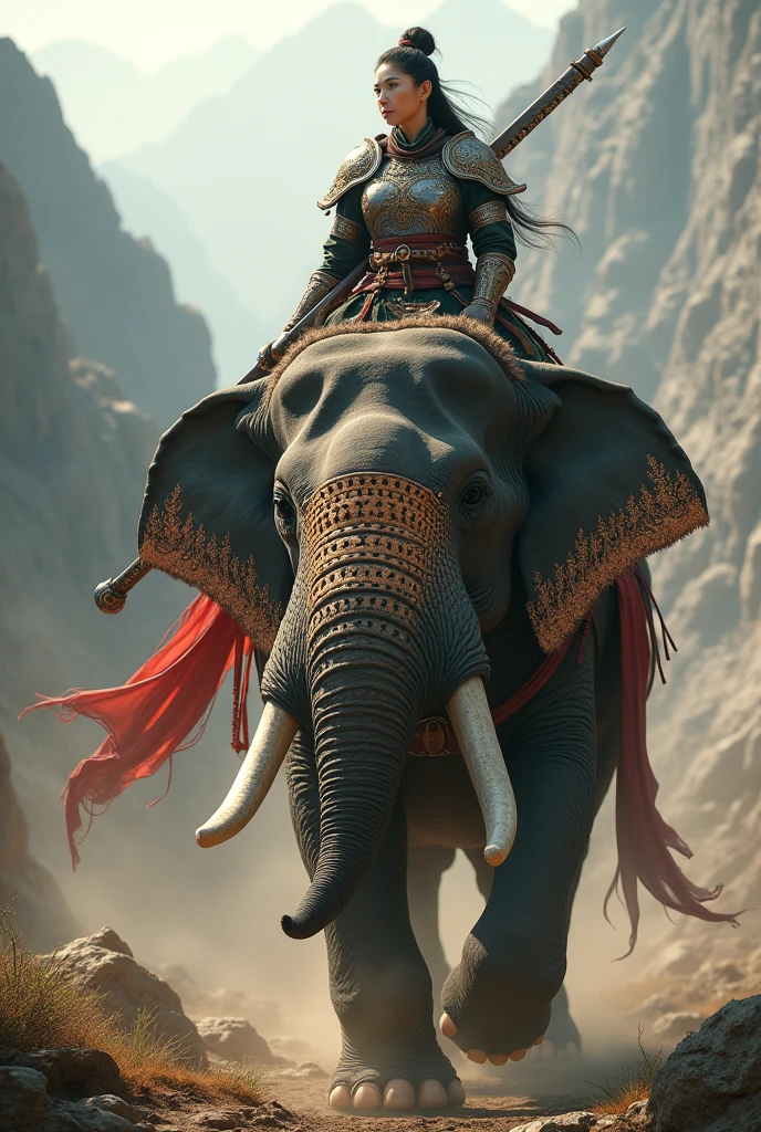 a female asian worrier riding on the head of an elephant during 16th century . the nose of elephant is directing upward