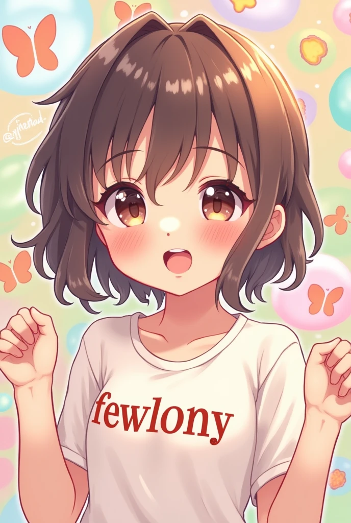 soft cutesy anime girl that has a shirt that says fewlony make the artstyle the one like canihavepromo