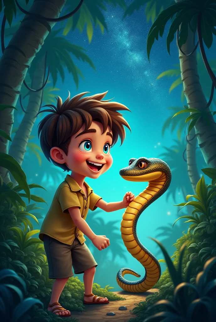 A boy with brown hair and blue eyes, Happy boy playing with a poisonous snake in a tropical jungle with starry sky 