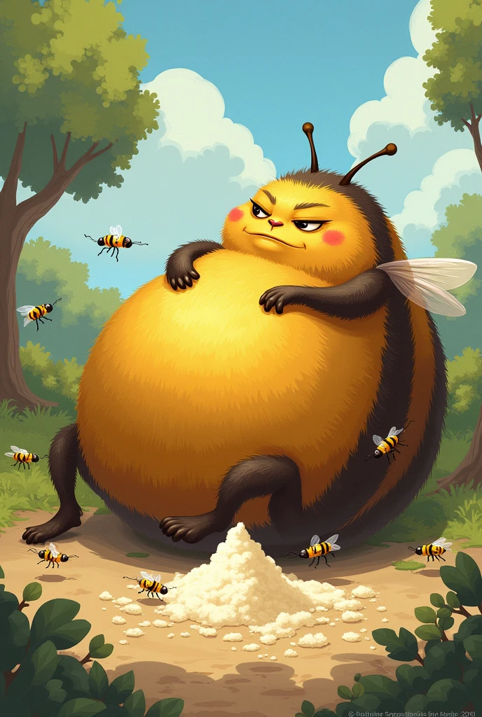 A huge fat bee has eaten too much and is lying with its paws up near a pile of sugar, and there are many skinny little hungry flies around it.