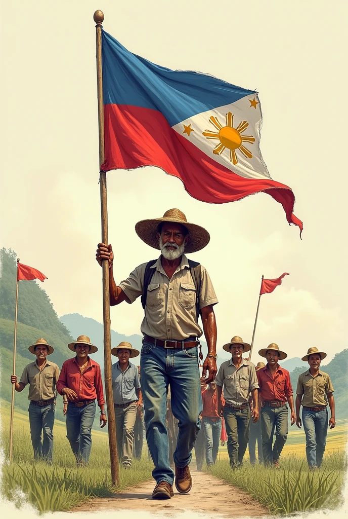 Creat a sketch of a Filipino farmer wearing a salakot and holding the Philippine flag. Other Filipino's is following him