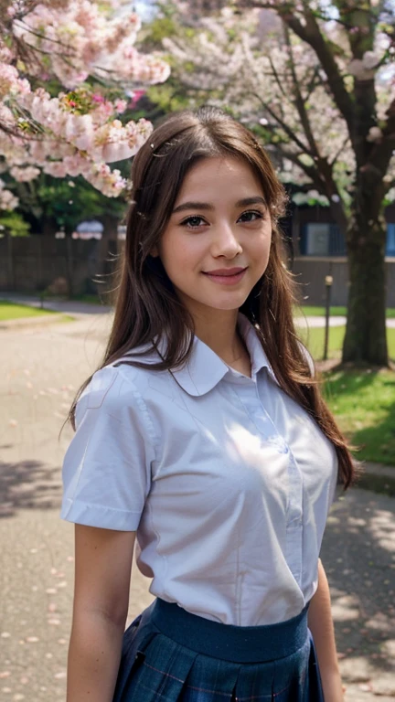 (8k, RAW photo, highest quality, output: 1.2), (realistic, photorealistic: 1.37), super detailed, super high resolution, girl 1, viewer, detailed cute face, smile, teeth, professional lighting, high school student, neat, serious, honor student, anime middle school sailor uniform, prepschool uniform, short skirt, loose blouse, instagram influencer model, 4k ultra realistic, school babe concept, double eyelids