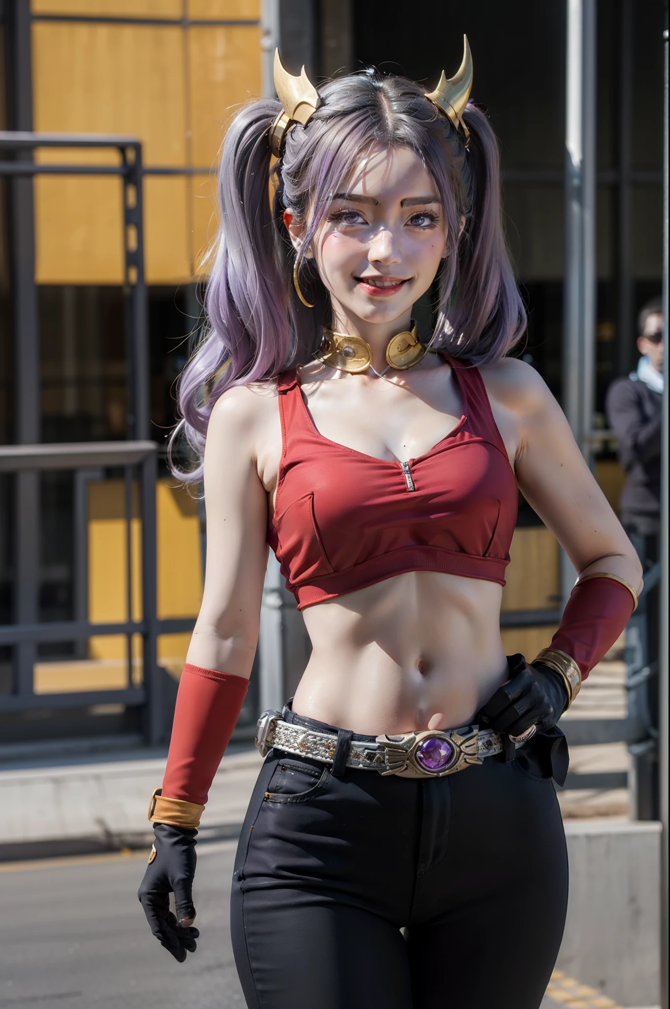 (The CG is very detailed.), (best quality), perfect face, Shiny skin, Shiny skin,wide hips, 1 girl,alone , Eukinetics,light purple hair,very long hair,low Twintail,Ahoge, purple eyes, Twintail, long hair,Mighty Cougar, ,Yellow horns,red armor, rider belt, glove, Diaphragm,navel,gold,,armor,belt,gag,bare shoulders, Thumbs up, smile,full body,