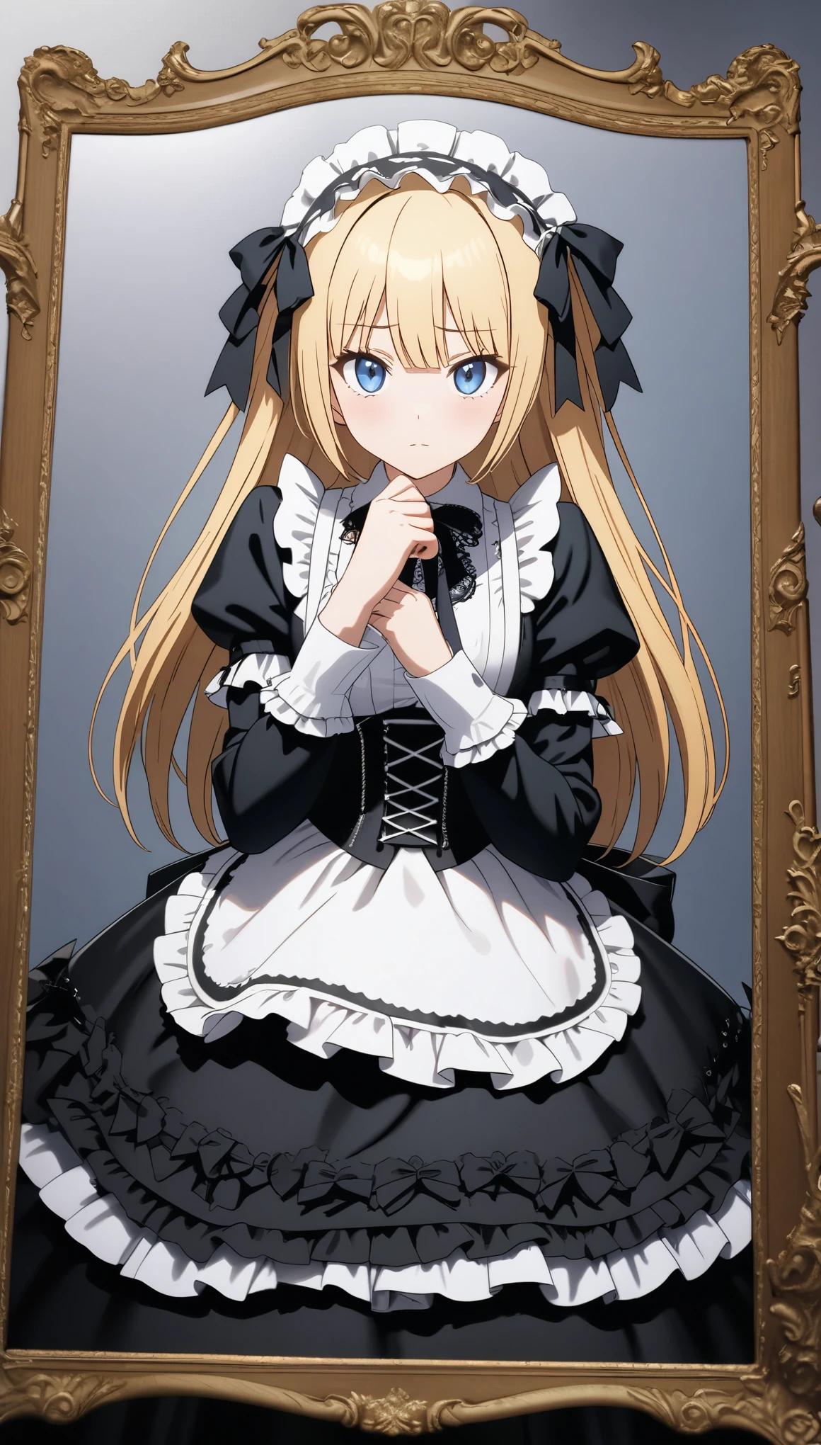 Woman in maid outfit posing for photo (Tabletop, Highest quality:1.2), 8k, 85mm, Official Art, Absurd, blonde, (blue eyes, Data Fashion, Sweet Ota, Gothic, dress:1.2), Idol&#39;s face, Upper Body, beautiful girl, Gardeniass, Copenhagen, Short sleeve, Grace, Sophisticated, Gardenia, Film Grain, chromatic aberration, Sharp focus, Face Light, Dynamic Lighting, Cinema Lighting,(( blush、Embarrassed look, avert your eyes、Looking down shyly:1.2))、(((Roll up your skirt、I see your white pants、Sujiman、slit)))、
