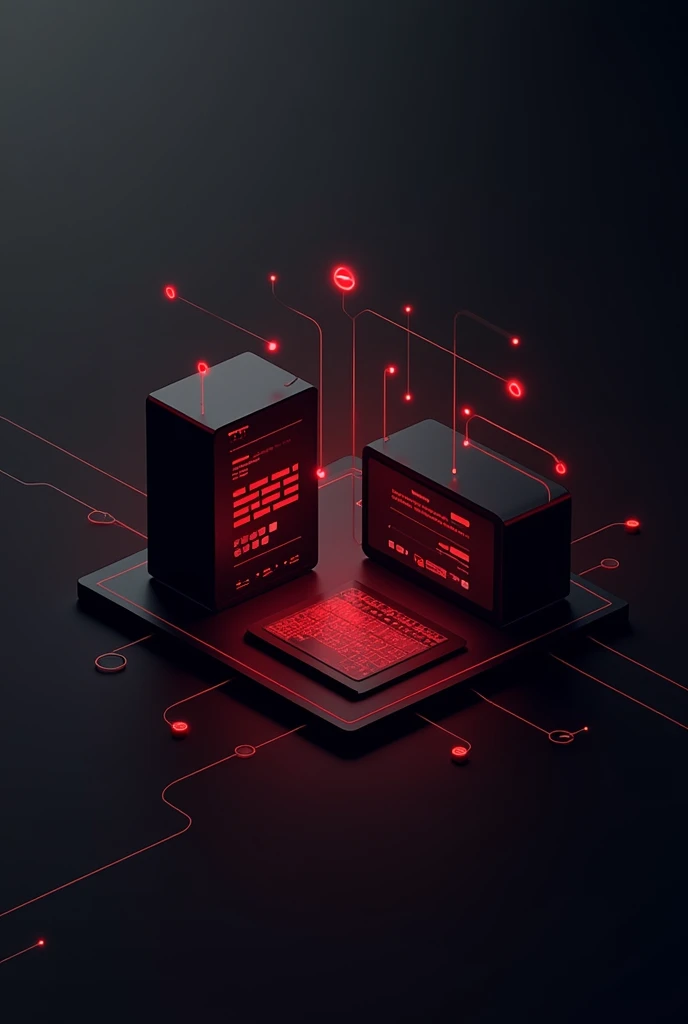 Presentation slide with a black and red color and having computer transfers a data to a server photo .in a square shape