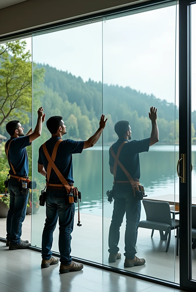 A professional window installation team applying transparent protective film to a large modern glass window in a high-end residential setting, highlighting the precision and care in their work