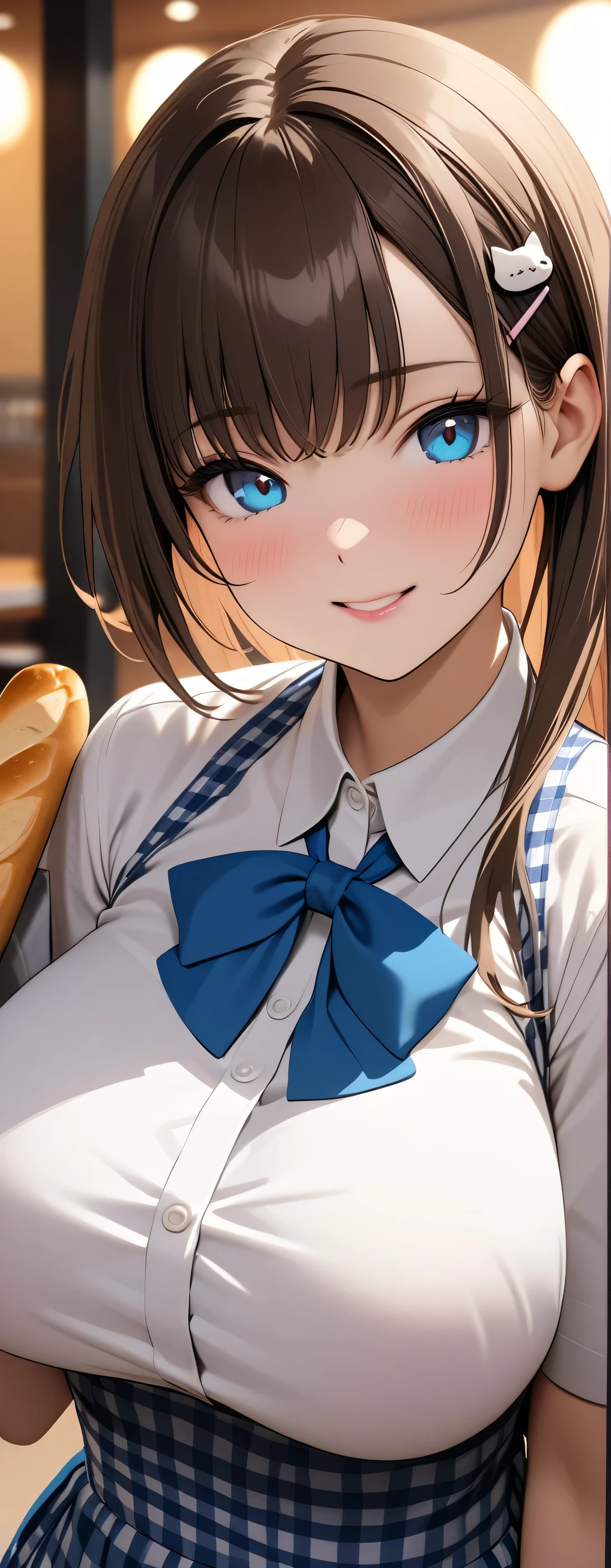 Beauty: 1.3),One person,masterpiece, Highest quality, Ultra-high resolution,Rich contrast,super high quality,8k,Highly detailed CG unit wallpaper,texture,Unbelievably absurd,Ultra-high resolution,RAW Photos,Depth of Field 1.2,crew, blue bow, blue bowtie, white shirt, short sleeves, blue skirt, blue apron, gingham apron, employee uniform, high-waist skirt, waitress,(Brown Hair,Layered cut),happy,Very fine eye,bigeyes,looking pleasured, (Perfect hands, Perfect Anatomy),Glowing Skin,Cute cat hairpin,restaurant,,Beautiful glossy lips,pinup,((extreme close-up)),light smile,(Large Breasts:1.5),Holding a basket of bread