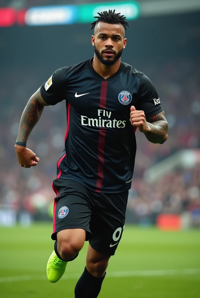 Young 2 sexy tough gangster with black hair shaved on the sides with braids brown eyes thick lips athletic body masculine energy and defined chin sexy short trimmed beard colored tattoo marked biceps wears Homme in black color Muslim style is a PSG soccer player wears Paris Saint Germani sportswear with number 69 on the shirt fluorescent green Nike Mercury boots is in a stadium,he is running photo taken from behind