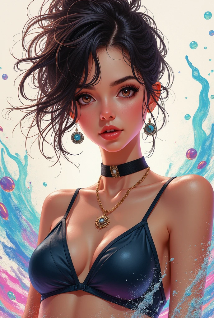 (work of art), (best qualityer), (ultra detaild),(Messy hair),(illustration), (1 ,1 girl), avatar, macro lens, (Trendy clothes), standing,model fashion, looking ahead at viewer, ( interview), (simple background), beautiful detailed eyes, Exquisite beauty, floating, (high saturation), (colorful splashing), colorful bubble, (glimmering), facefocus,