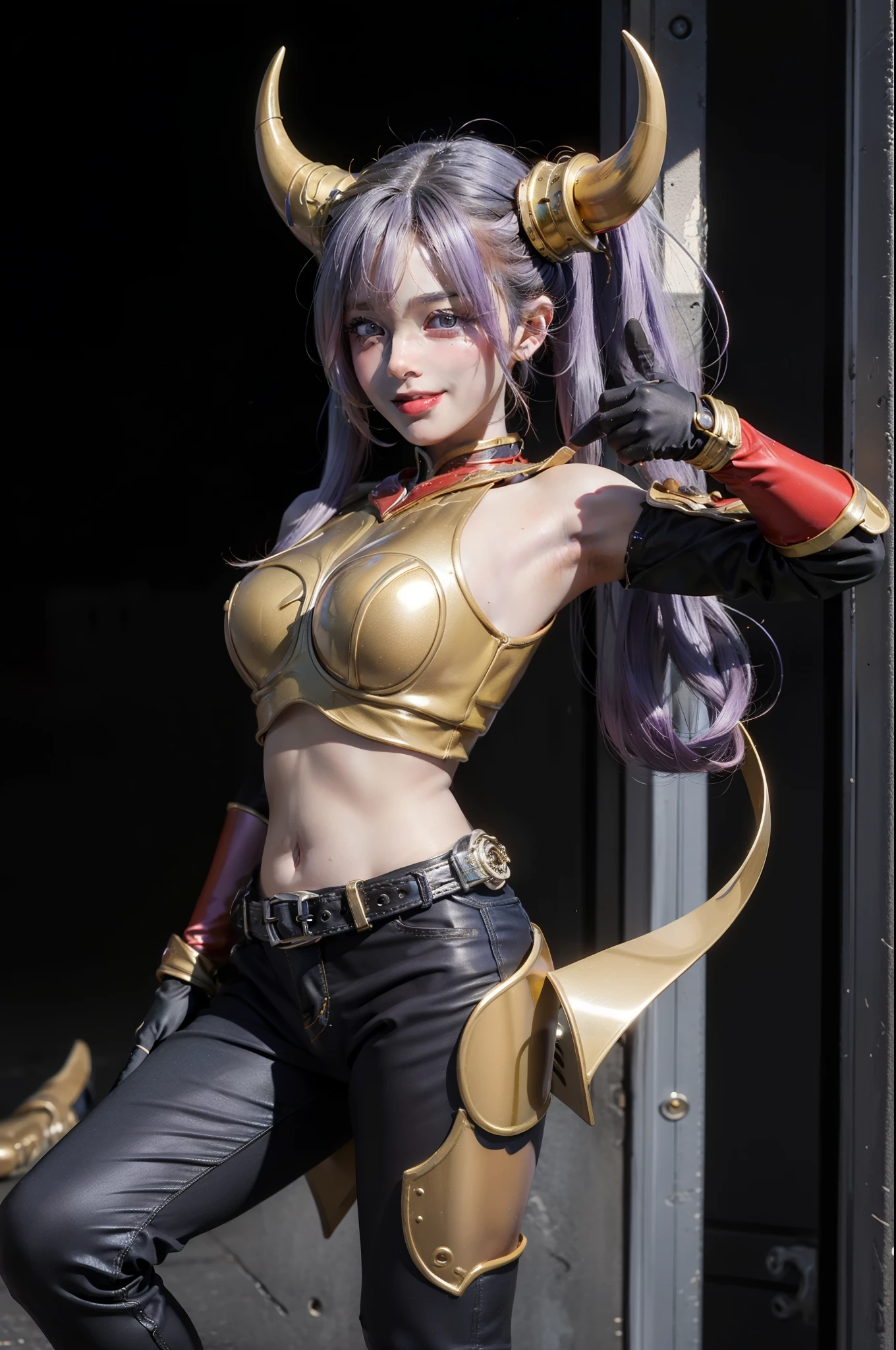 (The CG is very detailed.), (best quality), perfect face, Shiny skin, Shiny skin,wide hips, 1 girl,alone , Eukinetics,light purple hair,very long hair,low Twintail,Ahoge, purple eyes, Twintail, long hair,Mighty Cougar, ,Yellow horns,red armor, rider belt, glove, Diaphragm,navel,gold,,armor,belt,gag,bare shoulders, Thumbs up, smile,full body,