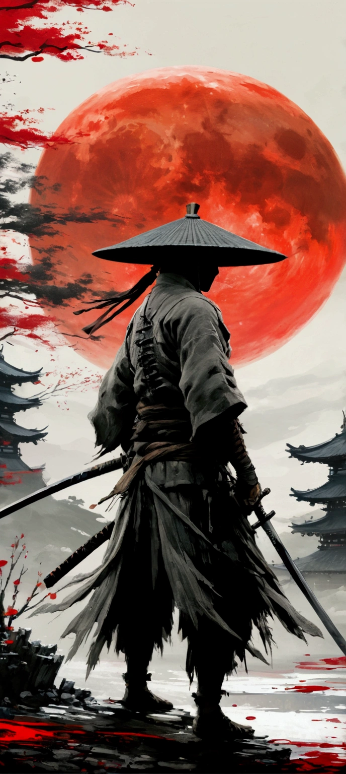a painting of a man with a sword and a red sun, sekiro in bloodborne world, sekiro, inspired by Kanō Hōgai, feudal japan art, ghost of tsushima, traditional japanese concept art, inspired by Edo Murtić, ronin, inspired by Ma Shi, sekiro mountain, samurai style, benedick bana