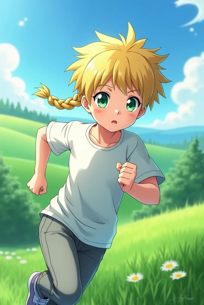 anime blond one sided braded green eyes with a white t-shirt and gray sweatpant running in the field