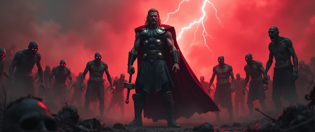 Thor Surrounded by Zombies: Thor in the center, surrounded by zombies on all sides, with a fierce look and ready to fight. Background with red and black tones to intensify the atmosphere of danger.