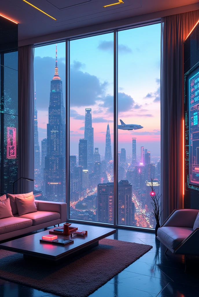 Penthouse with a cyberpunk futuristic city view 