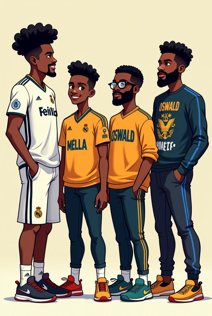 4 jeunes adultes blacks très beaux
Sans boucles d'oreilles
L'une s'appelle Sylla ( tu mets son prénom sur son pull over du Real Madrid à lui de telle sorte que le nom soit visible.)
Il est le plus grand en taille, pas de barbe et il est mince
Un autre un peu plus court que lui, le teint plus foncé que les autres, musclé et beau et Barbu
Il s'appelle Mélek
Tu mets son prénom sur son pull over
Et le nom doit bien être visible
Le troisième plus court que les deux autres porte tjrs des lunettes
C'est un intello
Il s'appelle Oswald
Tu lui mets un pull over avec des trucs de mangas dessus
Et tu y ajoutes son nom là ( Oswald)
Le dernier plus court que les autres s'appelle Johannes
Tu lui mets une tenue de basketball et tu y ajoutes son nom là ( Johannes)
Tous avec de jolis pantalons en plus
Et des belles baskets
Et sous forme de dessin animé stp
