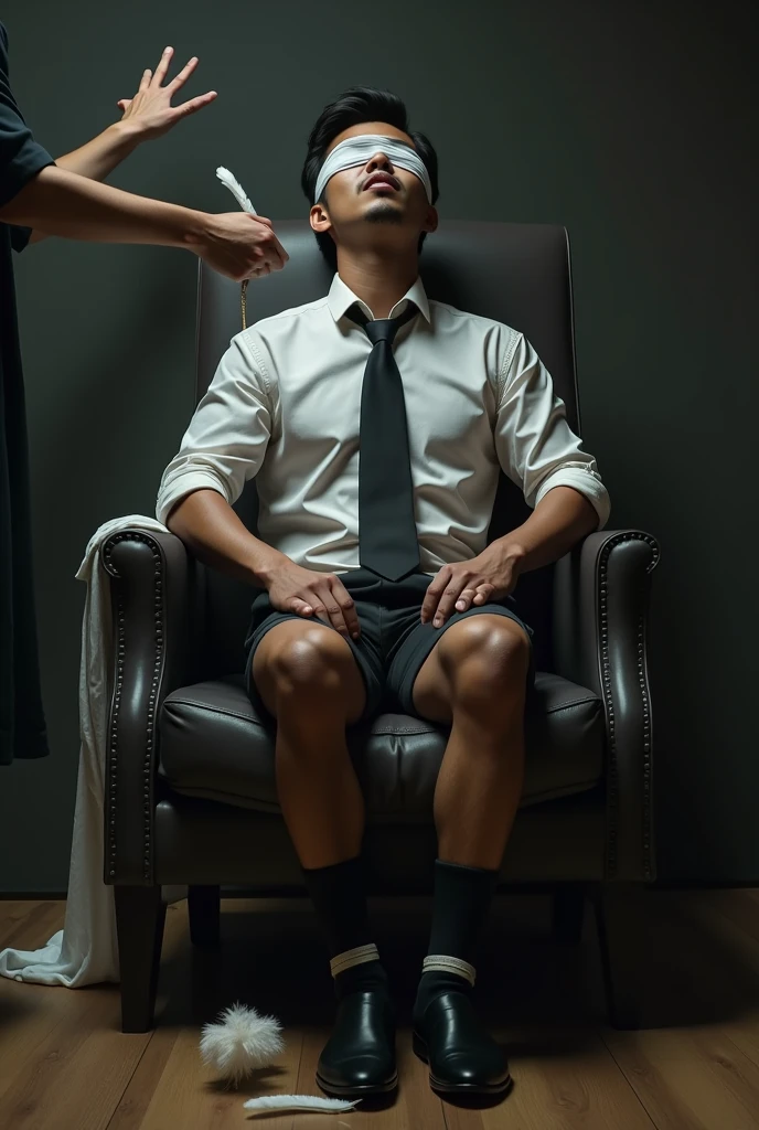 There is a handsome young Malay businessman from Malaysia named Haqiem tangan,legs in black short socks tied to a chair and eyes covered with a cloth A man who kidnapped Haqiem tickled Haqiem's feet with chicken feathers