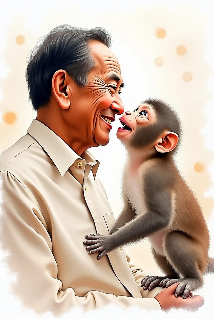 (best quality, masterpiece, watercoloor style, doodle style), (Portrait of President Jokowi, from the side, smiling), (there is a monkey, in front of president jokowi, look up, pinching president jokowido&#39;s nose),
