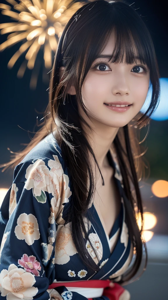 ((masterpiece, Highest quality, High resolution)), Japanese high school girl、(Realistic: 1.4), A shy smile、Great face,Glossy lips、, ponytail, (Beautiful Hair:1.5), Japanese patterned yukata、Long sleeve、Cleavage、Floral hair ornament、Beautiful legs、On the Beach、Fireworks at night、Looking up at the fireworks、Watching the fireworks、Angle from below, Smooth, Highly detailed CG composite 8K wallpaper, High resolutionのRAWカラー写真, Professional photography, Light, BackLight, impressive, Written boundary depth, (Face close-up:1.4)