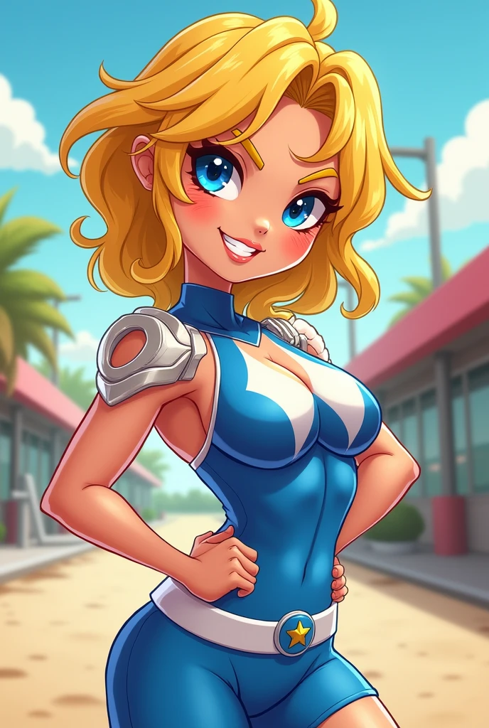 Chibi, fitnes girl, sexy, cute, tiny smile, blue eyes, sunnny day, power rangers blue white latex clothes, ombreira, yellow hair, thicc,cartoon, big breasts, big butt,
