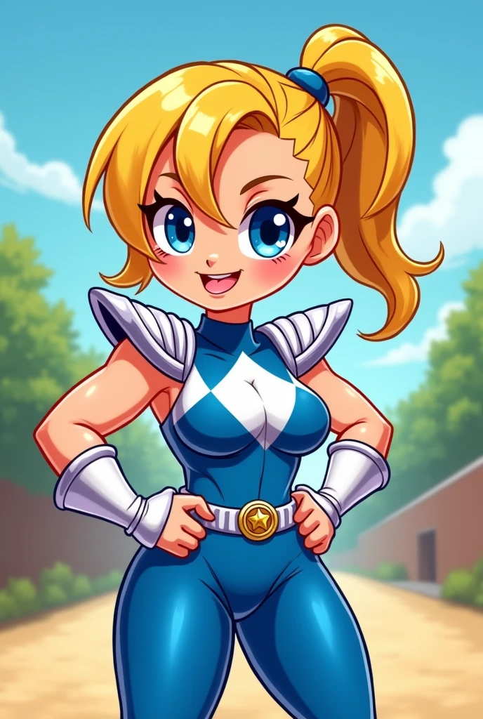 Chibi, fitnes girl, sexy, cute, tiny smile, blue eyes, sunnny day, power rangers blue white latex clothes, ombreira, yellow hair, thicc,cartoon, big breasts, big butt,
