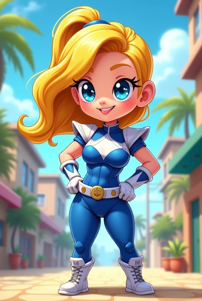 Chibi, fitnes girl, sexy, cute, tiny smile, blue eyes, sunnny day, power rangers blue white latex clothes, ombreira, yellow hair, thicc,cartoon, big breasts, big butt,