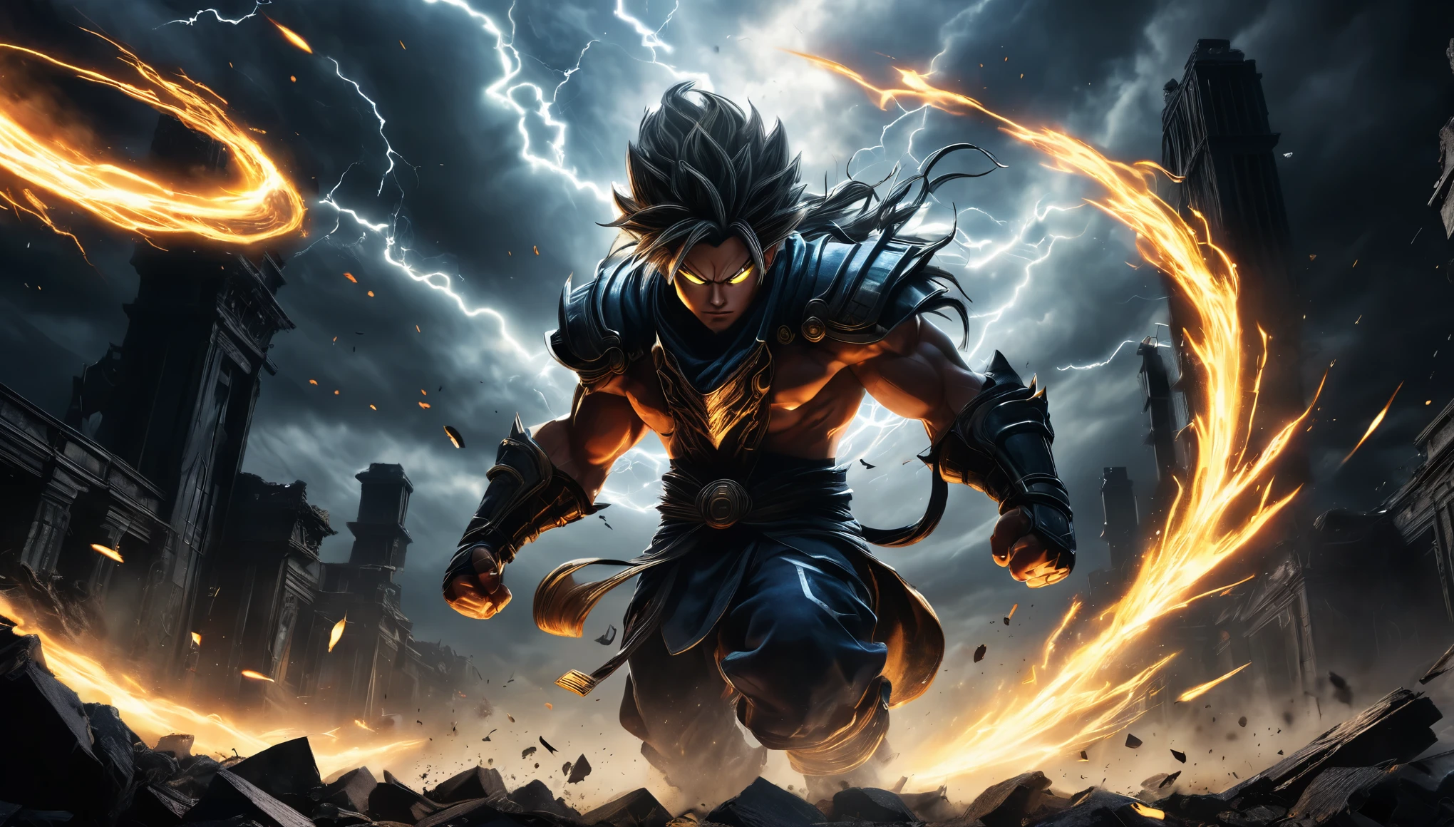 (best quality,4K,8k,highres,masterpiece:1.2),ultra-detailed,Powerful Movement、jump on prey、((Dynamic Jumps)),(realistic,photorealistic,photo-realistic:1.37),Final Showdown,fierce battle,explosive energy,dynamic movements,dramatic lighting,loud explosions,metallic clangs,blazing fire,powerful magic,thundering roars,ultimate clash,epic confrontation,intense expressions,majestic ruins,fallen debris,floating dust particles,ominous dark clouds,stormy atmosphere,fearless warriors,gleaming weapons,glowing sigils,energy surges,rippling shockwaves,moment of truth,tremendous impact,ferocious Wind Majin Valfare,intense adrenaline,unyielding determination,eye-catching silhouettes,iconic poses,endless cinematic action,unforgettable climax.