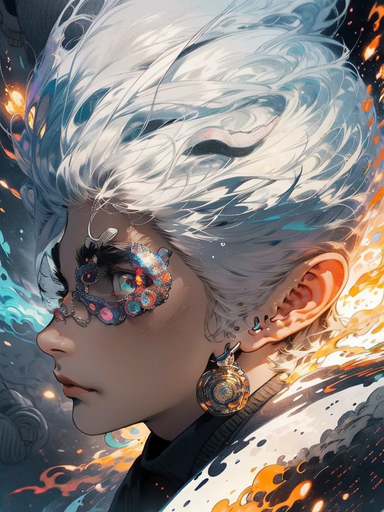 realisticlying,(tmasterpiece,top Quority,best qualtiy,offcial art,Beauty and aesthetics:1.2),The is very detailed,s fractal art,Colorful,Most detailed,zentangle,(abstract backgrounds:1.5)(1boys:1.3),Kamimei,White color hair,short detailed hair,(luminous red eyes),mistic,(magie),flame,Handsome man