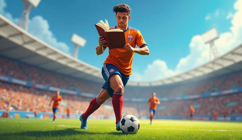 I want a soccer player reading a book while running with the ball at his feet 
