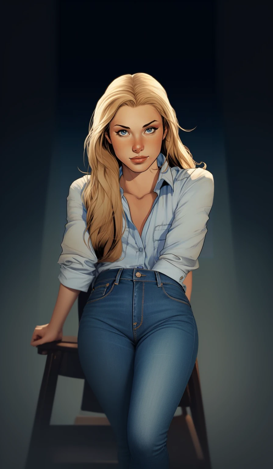 masterpiece,best quality, 1girl, solo, slight smile, slight smile, jeans blouse, maxi skirt, standing behind a chair