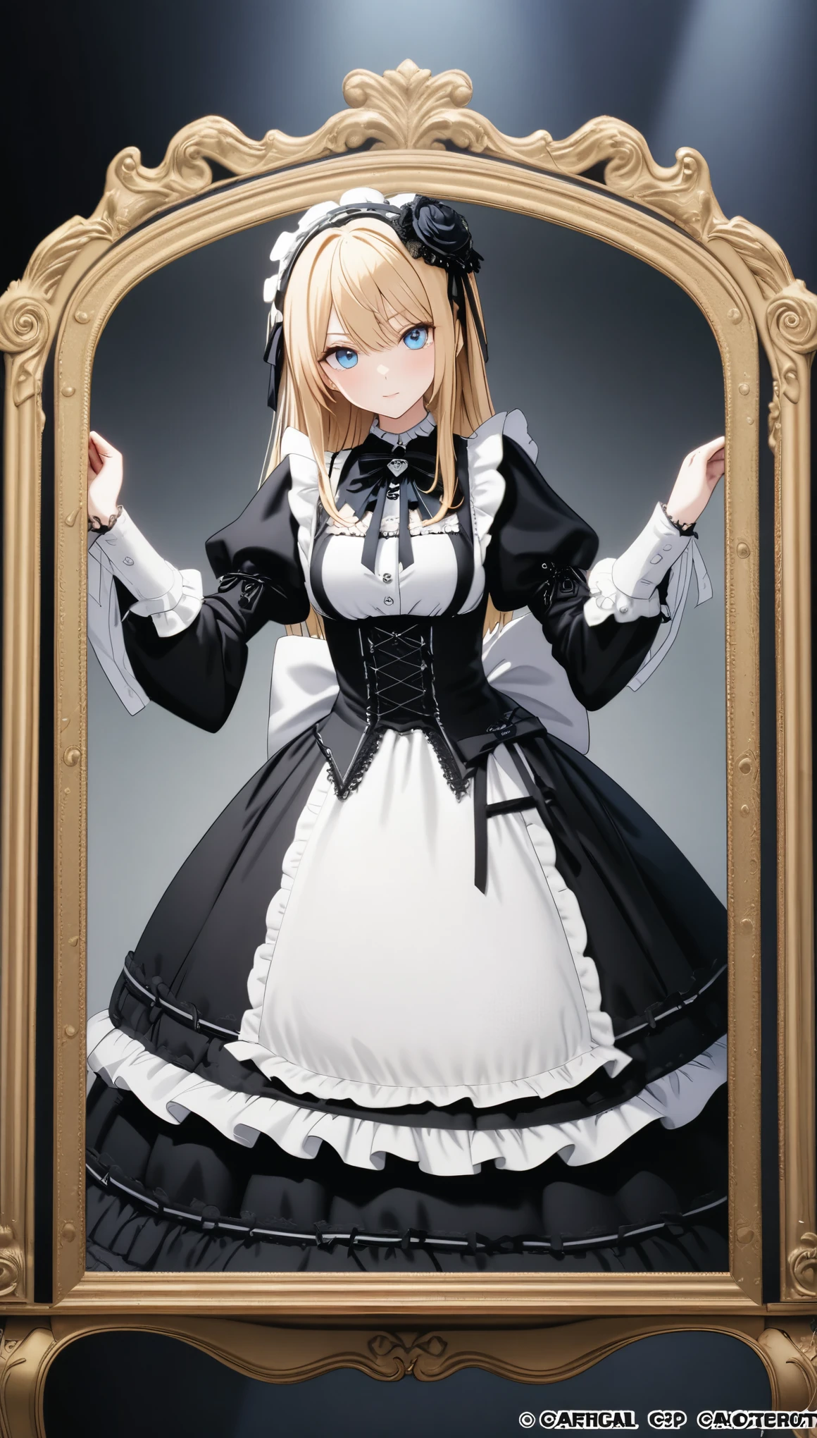 Woman in maid outfit posing for photo (Tabletop, Highest quality:1.2), 8k, 85mm, Official Art, Absurd, blonde, (blue eyes, Data Fashion, Sweet Ota, Gothic, dress:1.2), Idol's face, Upper Body, beautiful girl, Gardeniass, Copenhagen, Short sleeve, Grace, Sophisticated, Gardenia, Film Grain, chromatic aberration, Sharp focus, Face Light, Dynamic Lighting, Cinema Lighting,(( blush、Embarrassed look, avert your eyes、Looking down shyly:1.2))、(((Roll up your skirt、I see your white pants、Sujiman、slit)))、
