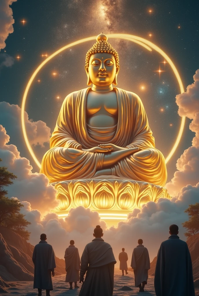 ((masterpiece)),(Best quality)),Chinese style,In the universe,A huge Maitreya Buddha statue stands in space,Gaze at the earth,Standing Buddha,Shining,Glow Effect,Pilgrims on the road,Hyperrealism,Hyper-photorealism,Real photography,8k,HD,high quality,masterpiece,Super Fine,Decolorization,daub,Ink,8k,Super Fine,high quality,(((OC Renderer))),buddha with glowing lights and a glowing orb, buddhism, enlightenment. intricate, glowing from within, spiritual enlightenment, the buddha, on path to enlightenment, on the path to enlightenment, cosmic enlightenment, enlightened, beautiful depiction, emanating and flowing energy, Samsara, glowing golden aura, an interdimensional being, the sacred cup of understading